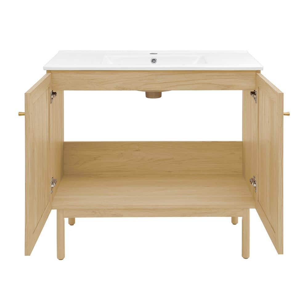 Natural Oak and White Ceramic Freestanding Bathroom Vanity