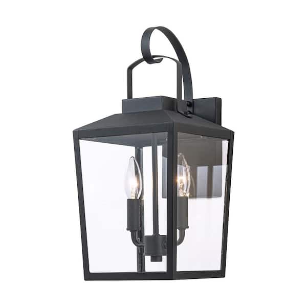 C Cattleya 17.5 in. H Matte Black Outdoor Hardwired Wall Lantern Sconce with Clear Tempered Glass Shade and No Bulbs Included