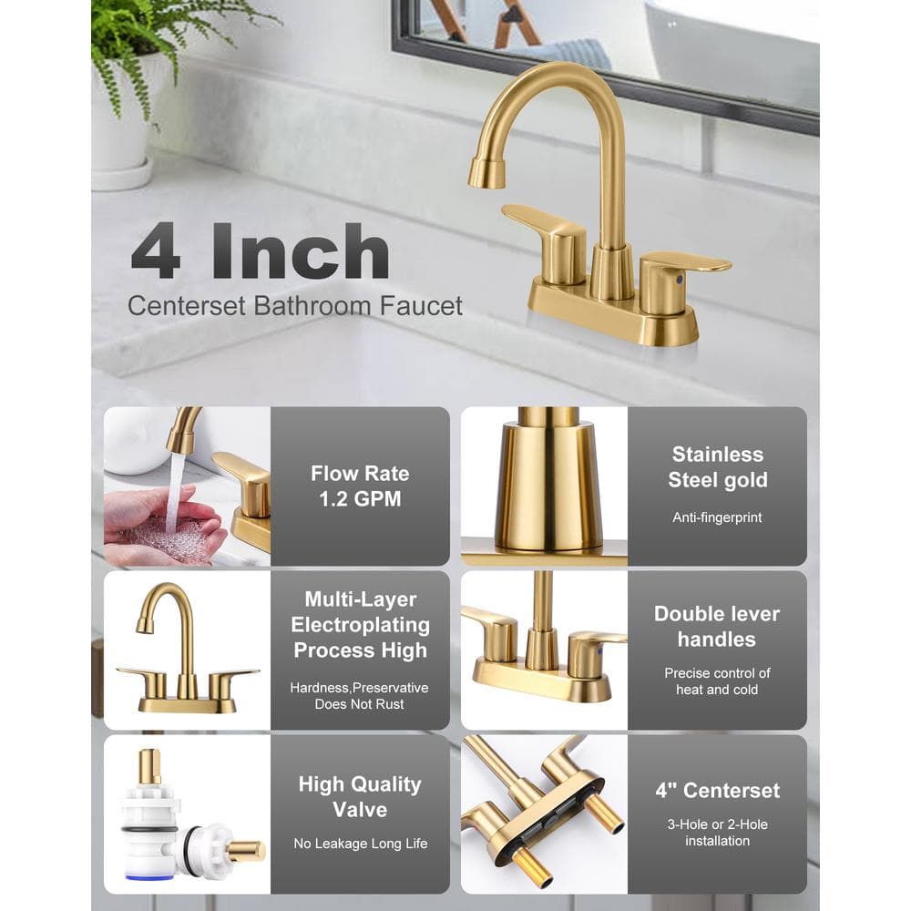 Brushed Gold Stainless Steel Double Handle High Arc Bathroom Faucet