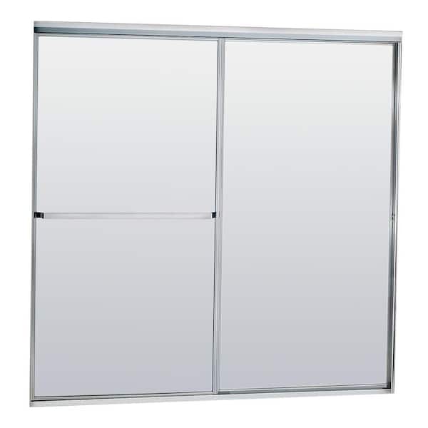 Contractors Wardrobe Model 750 58 ½ in. x 57 in. Framed Sliding Tub Enclosure in Satin Clear with Obscure Glass and Towel Bar