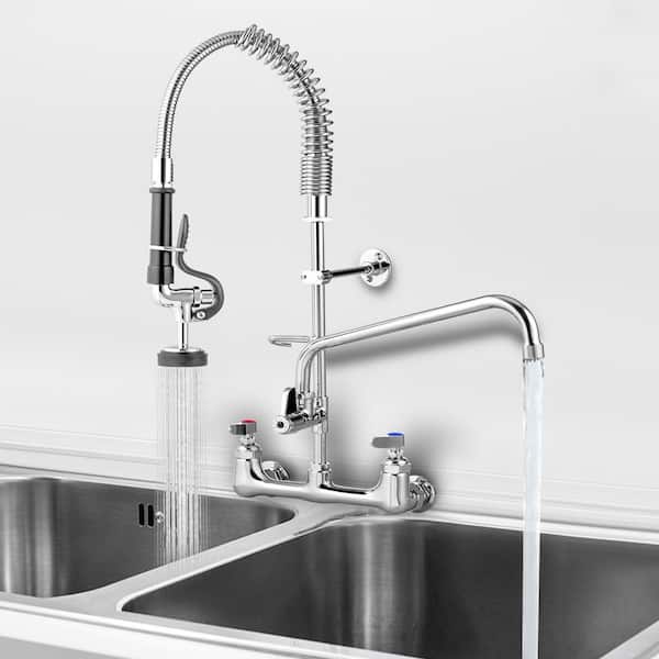 8 in. Commercial Wall Mount Triple Handle Pull Down Sprayer Kitchen Faucet with Pre-Rinse Sprayer Stainless Steel Silver