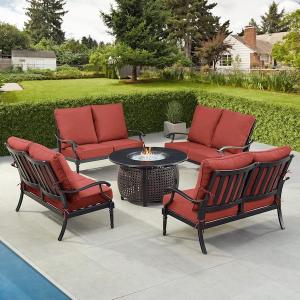 Oakland Living Black 5-Piece Aluminum Patio Fire Table Set with Red Cushions