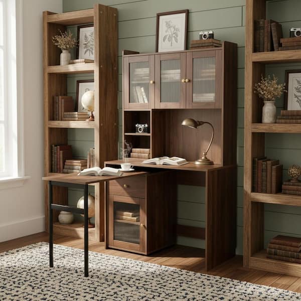 QUKO 39.3 in. Walnut Brown Writing Desk with Rotating Tabletop, Glass Door Cabinets, and Drawer-Spacious Storage