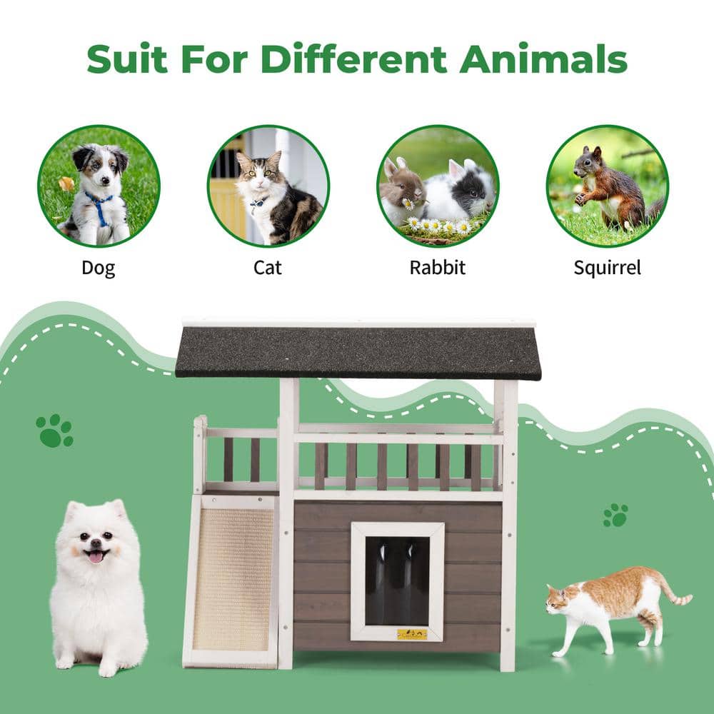 Medium Gray and White Wooden Outdoor Cat House with Balcony