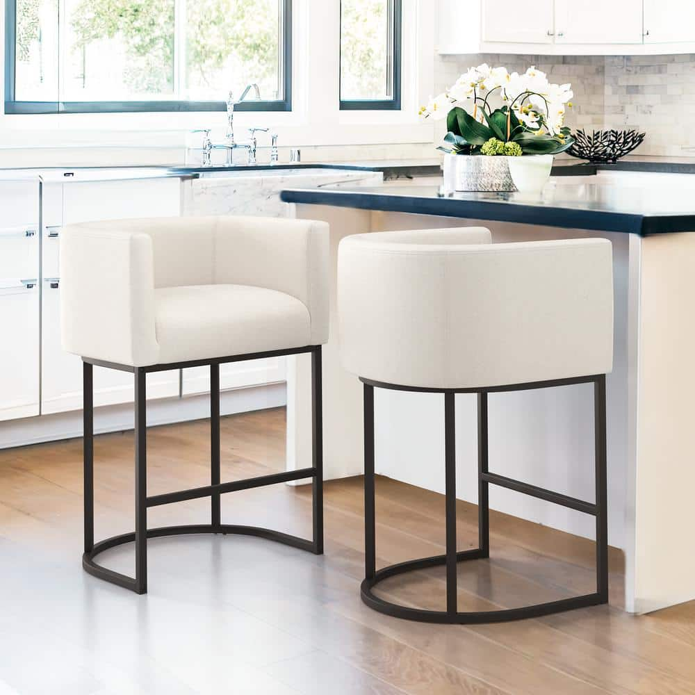 26 in.Beige and Black Low Back Bar Stool with Metal Frame Counter Height Linen Upholstered Counter Stool (Set of 2) -  LUE BONA, LB23CH0045-100