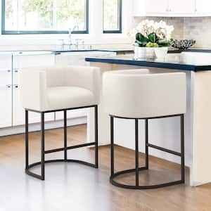 26 in.Beige and Black Low Back Bar Stool with Metal Frame Counter Height Linen Upholstered Counter Stool (Set of 2)