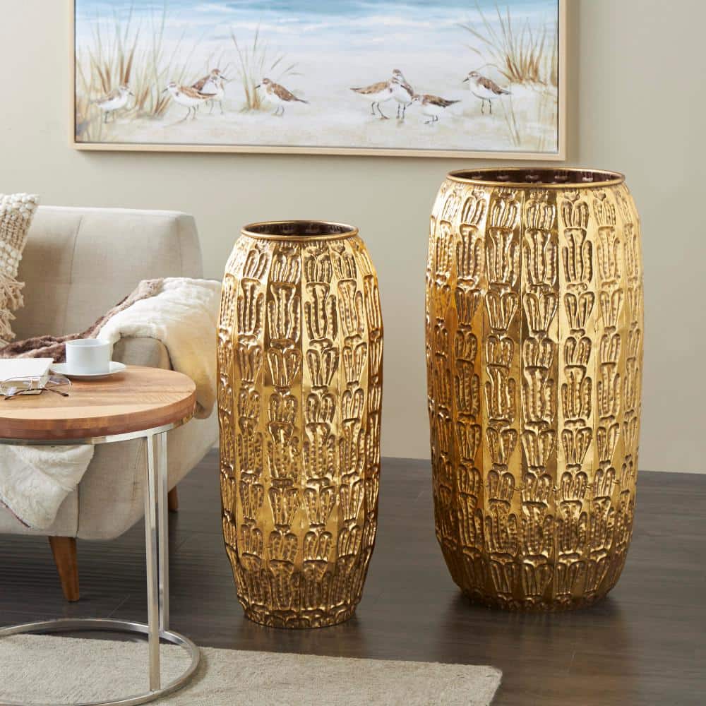 Litton Lane Gold Tall Metal Decorative Vase with Grooved Patterns Set of 2 045957