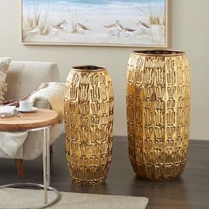 Gold Tall Metal Decorative Vase with Grooved Patterns Set of 2