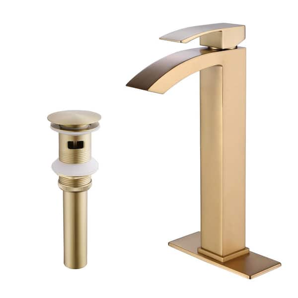 Single Handle Waterfall Bathroom Vessel Sink Faucet with Pop-Up Drain Kit Modern Brass Tall High Taps in Brushed Gold