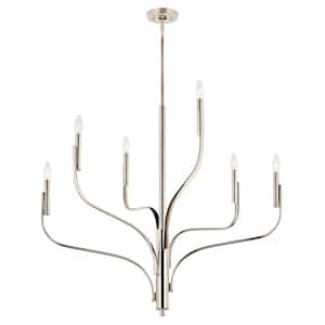 Livadia 36.25 in. 6-Light Polished Nickel Modern Candle Chandelier for Dining Room