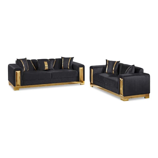 Jayda 2-Piece Black and Gold Polyester Fabric Upholstered Living Room Set with Soft Curved Track Arms and Tight Back