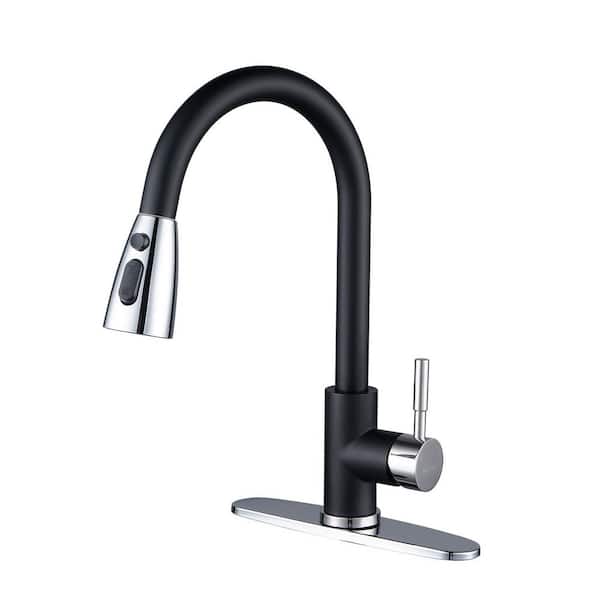 ALEASHA 15.6 in. Single Handle Pull Down Kitchen Faucet with 18 in. Sprayer and 360 Degree Swivel in Chrome and Black