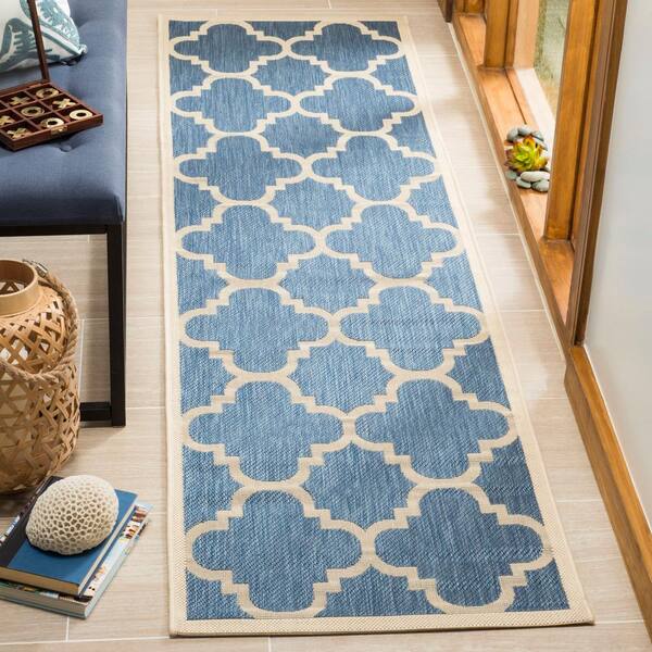 Courtyard Blue/Beige 2 ft. x 12 ft. Geometric Indoor/Outdoor Patio  Runner Rug