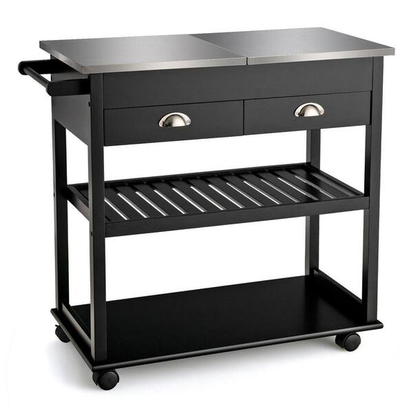 ANGELES HOME 34 1/2 in. Black Small Rolling Kitchen Cart Island with Stainless Steel FlipTop