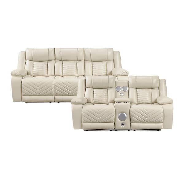 Durant 87 in. W Pillow Top Arm Faux Leather Rectangle 2-Piece Power Double Reclining Sofa Set in Beige