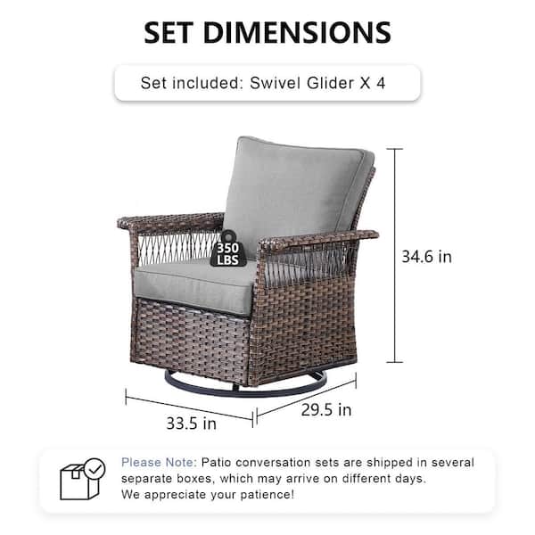 Solara 4-Piece Brown Wicker Outdoor Rocking Chair Patio Furniture Swivel Glider Set Deep Seating with Gray Cushions