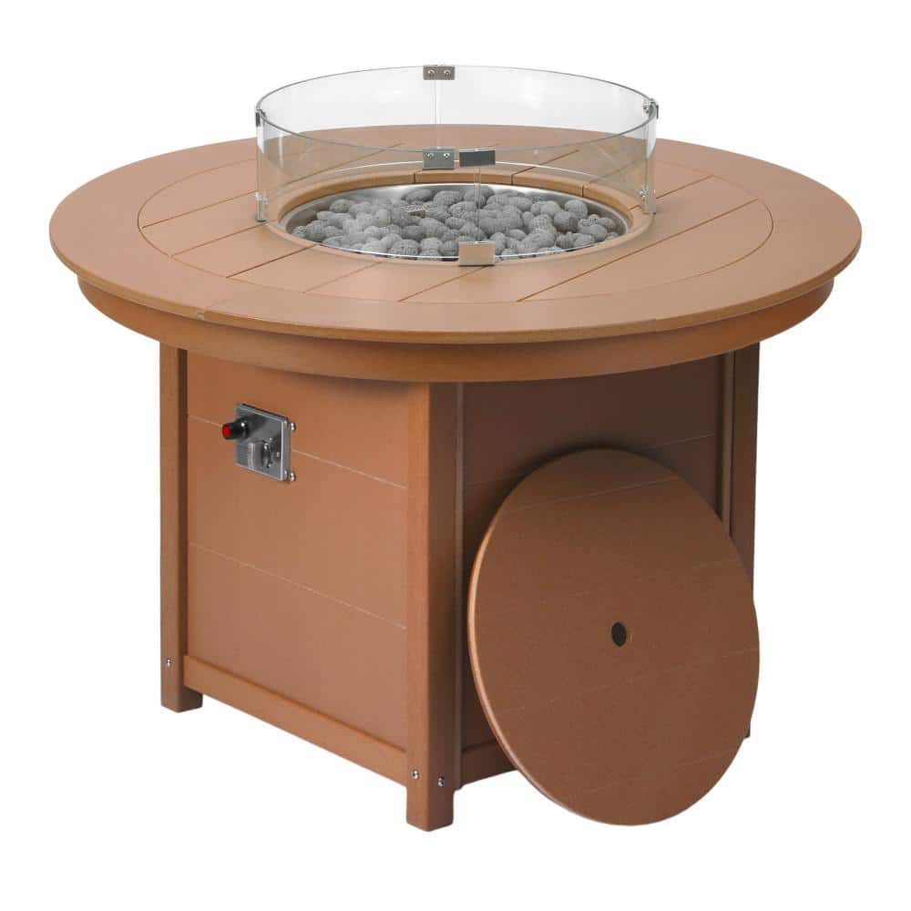 "Bloomfield Round 47"" Outdoor Patio Propane Gas Fire Pit Table with Glass Wind Guard Lid and Lava Rocks, Teak" price history on PriceWatchPro