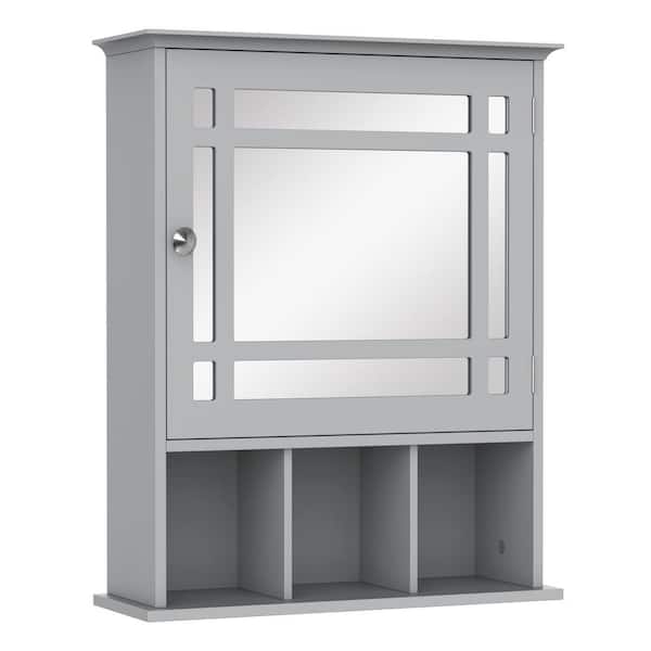 Anqtovp 19 in. W x 23.5 in. H Rectangular Wooden Medicine Cabinet with Mirror, Door and Storage Shelves-Gray