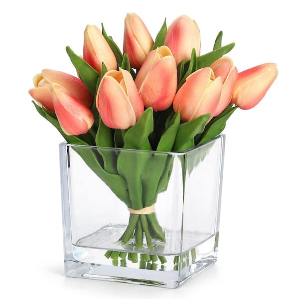 7.4 in. Real Touch Orange Artificial Tulip Arrangement in Clear Glass Vase, Indoor Decor
