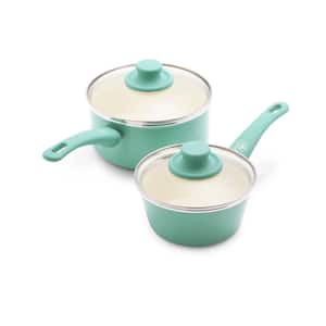 Soft Grip 4-Piece 1 Qt. and 2 Qt. Healthy Ceramic Nonstick Sauce pan Set in Turquoise with Lids