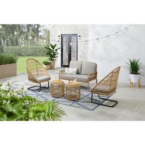 Sierra Creek Tan 5-Piece Wicker Outdoor Patio Conversation Deep Seating Set with CushionGuard Stone Gray Cushions