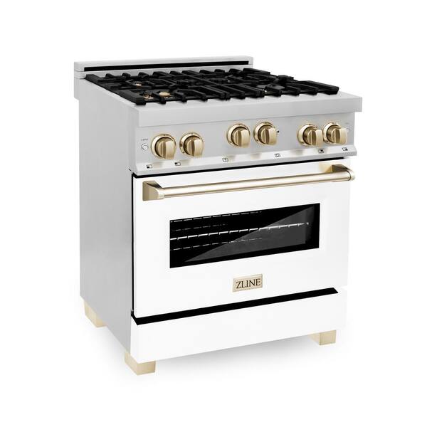 ZLINE Autograph Edition 30 4.0 cu RGZ-WM-30-G Range with Gas Stove and Gas Oven in Stainless Steel with White Matte Door and Gold Accents ft 