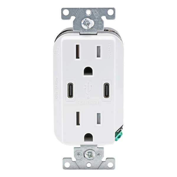 30-Watt Decora White USB Type-C/C 15 Amp Tamper-Resistant Outlet USB Charger for Smartphones and Tablets (CC1X3-BW)