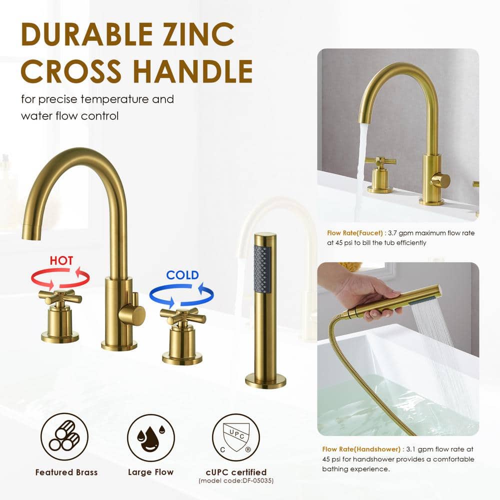Brushed Gold Stainless Steel Deck-Mount Tub Faucet Set
