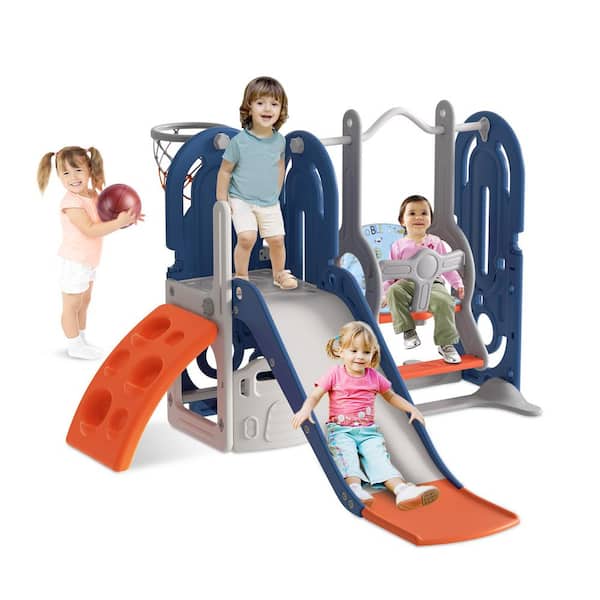 SEEUTEK 5.4 ft. Blue Orange 5-in-1 Toddler Slide with Swing Indoor Outdoor Backyard Playground Climbing Theme Baby Toy