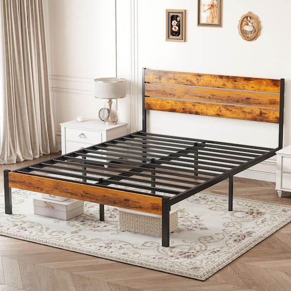 Rust Brown Wood Frame Full Size Platform Bed Frame with Headboard and and Footboard, 700LBS Support