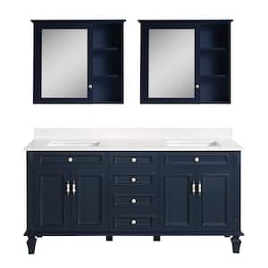 72 in. W x 22 in. D x 35 in. H Double Sink Solid Wood Bath Vanity in Navy Bule with White Quartz Top, 2 Mirror Cabinet