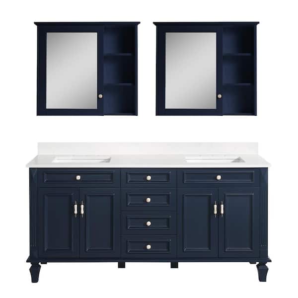 ANGELES HOME 72 in. W x 22 in. D x 35 in. H Double Sink Solid Wood Bath Vanity in Navy Bule with White Quartz Top, 2 Mirror Cabinet