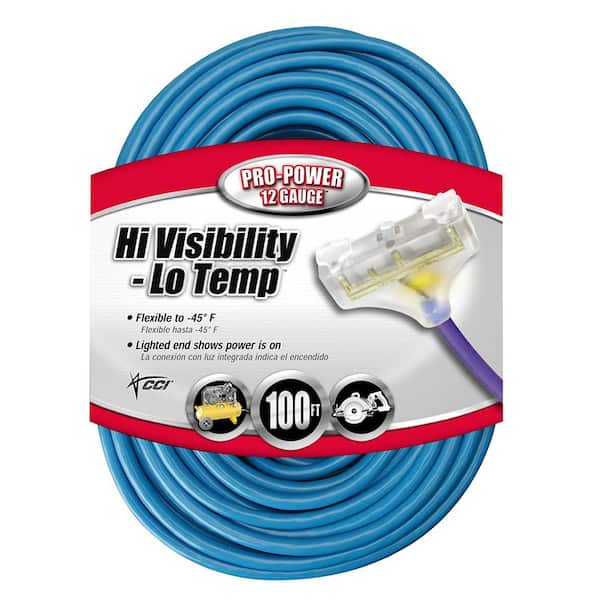100 ft. 12/3 SJTW Hi-Visibility/Low-Temp Multi-Outlet (3) Outdoor Heavy-Duty Extension Cord with Power Light Plug