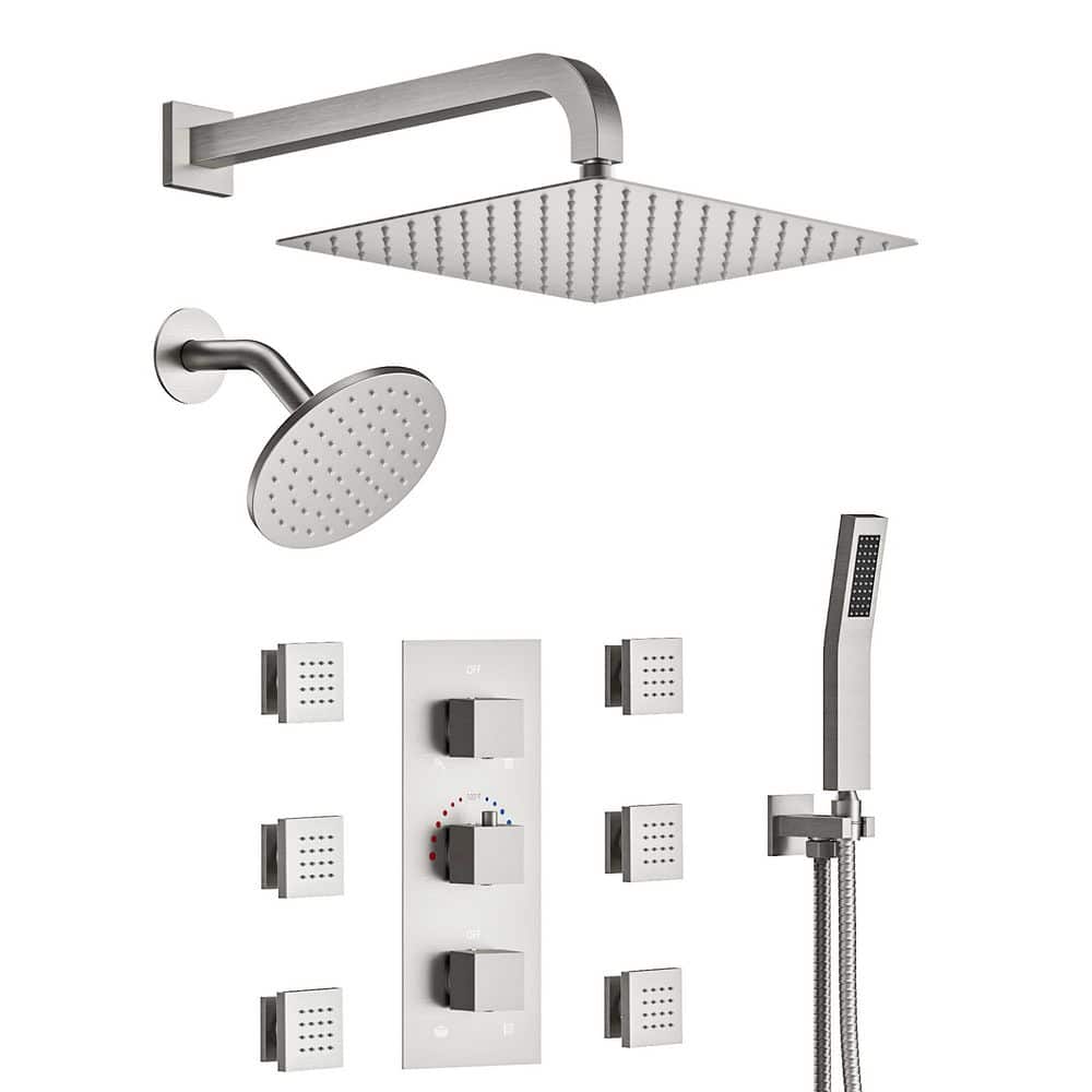 8-Spray 12 and 6 in. Wall Mount Dual Shower Head and Handheld Shower Head with Thermostatic Valve in Brushed Nickel price history on PriceWatchPro