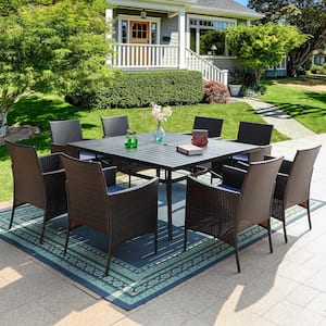 Black 9-Piece Metal Patio Outdoor Dining Set with Slat Square Table and Rattan Chairs with Blue Cushion