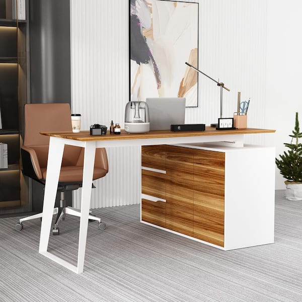 FUFU&GAGA 54.3 in. Rectangular White Wood 3-Drawer Desk with 2