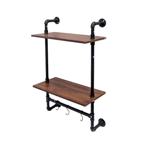 24.02 in. W x 11.73 in. D Walnut MDF Decorative Wall Shelf with 3 Additional Hooks, 3 Tier & 2 Tier Wall Hanging Shelves
