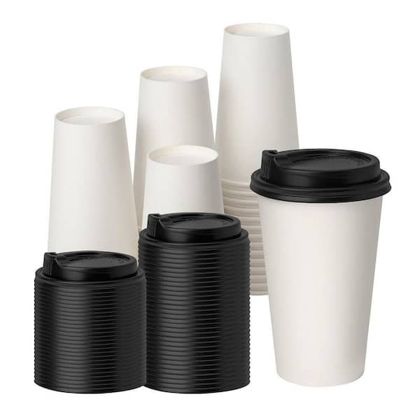 16 oz White Disposable Paper Coffee Cups with Lids, Hot and Cold Drinkware, Leak Resistant, 100 Pack