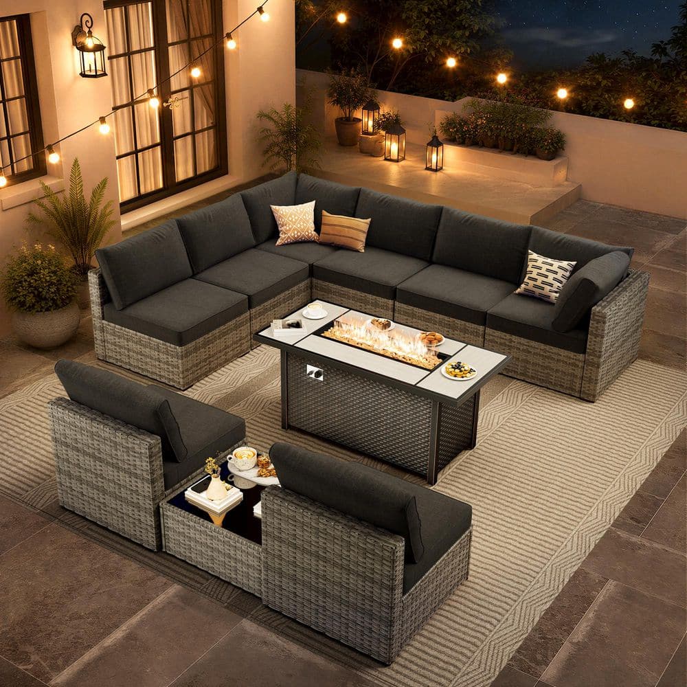 Hoppie Gray 10-Piece Wicker Patio 54 in.Rectangle Fire Pit Conversation Set with Black Cushions price history on PriceWatchPro