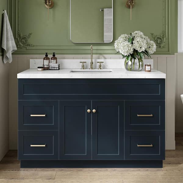 ARIEL Hamlet 54.25 in. W x 22 in. D x 36 in. H Single Sink Freestanding Bath Vanity in Midnight Blue with Carrara Quartz Top