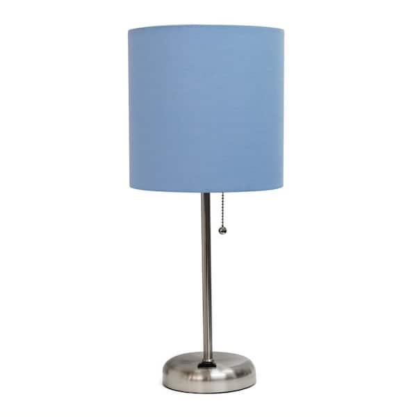 Creekwood home 19.5 in. Brushed Steel/Blue Contemporary Bedside Power Outlet Base Standard Metal Table Desk Lamp