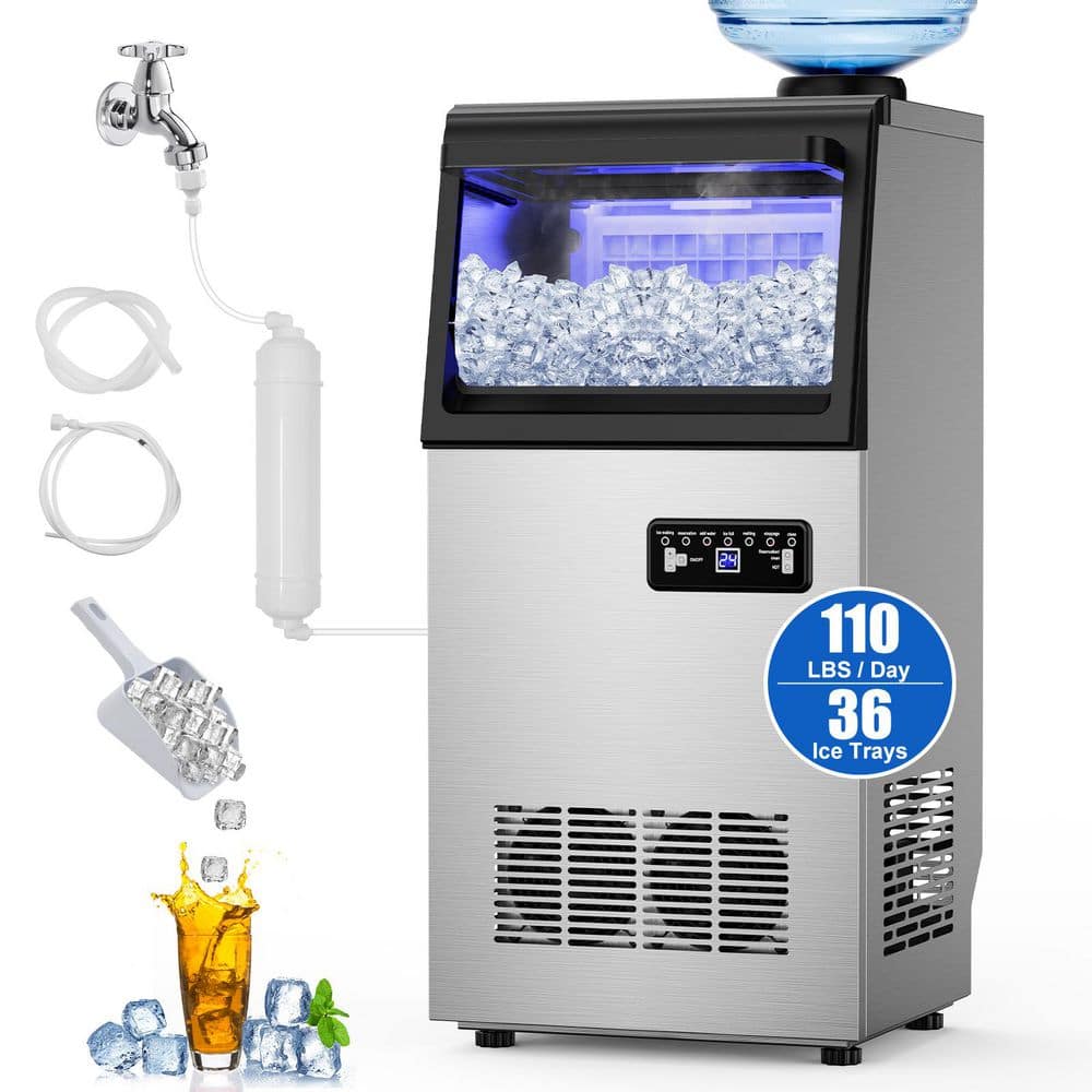14.57 in. Freestanding Ice Maker,Ice Production a Day 140lb.Stainless Steel Ice Maker,Full-Size Cubes with 30lb. Storage
