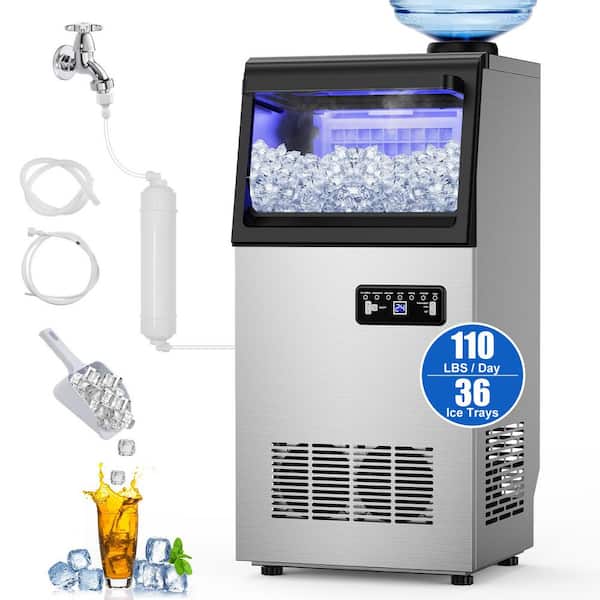 14.57 in. Freestanding Ice Maker,Ice Production a Day 140lb.Stainless Steel Ice Maker,Full-Size Cubes with 30lb. Storage