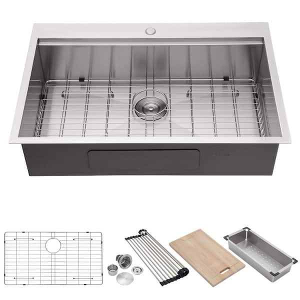30 in. Drop in. Workstation Sink Single Bowl 18-Gauge Brushed Stainless Steel Kitchen Sink with Accessories