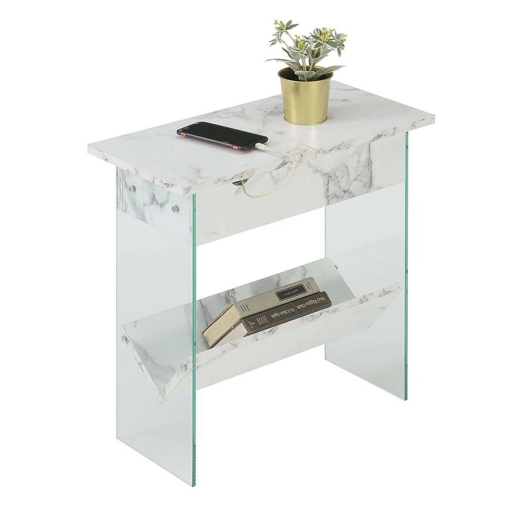 SoHo Modern White Faux Marble Flip Top End Table with Charging Station