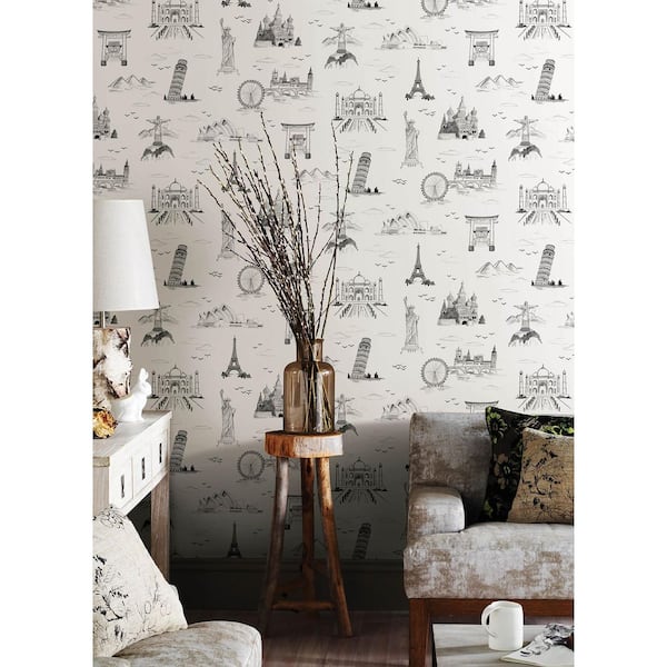 Landmark Travelers Toille Black Novelty Peel and Stick Wallpaper Sample