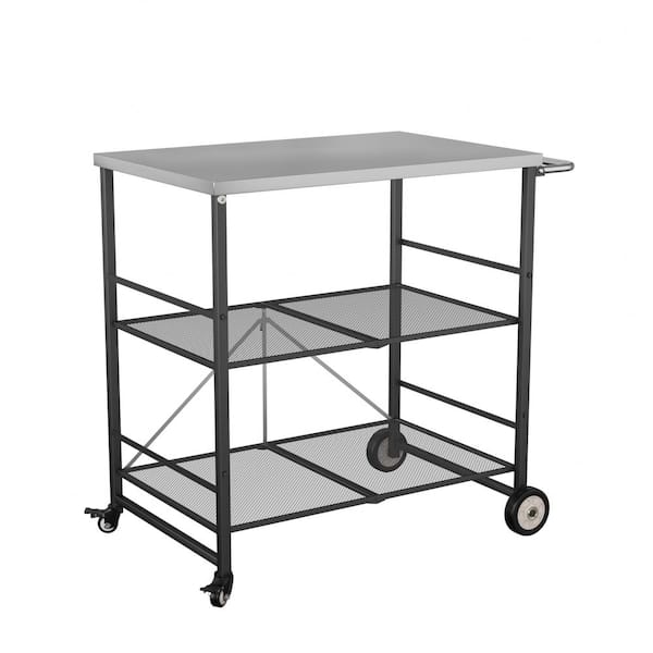 3- Shelf Stainless Steel Foldable Outdoor Grill Cart Indoor Prep Table with 4-Wheels (31.5 in. W x 23.6 in. D)