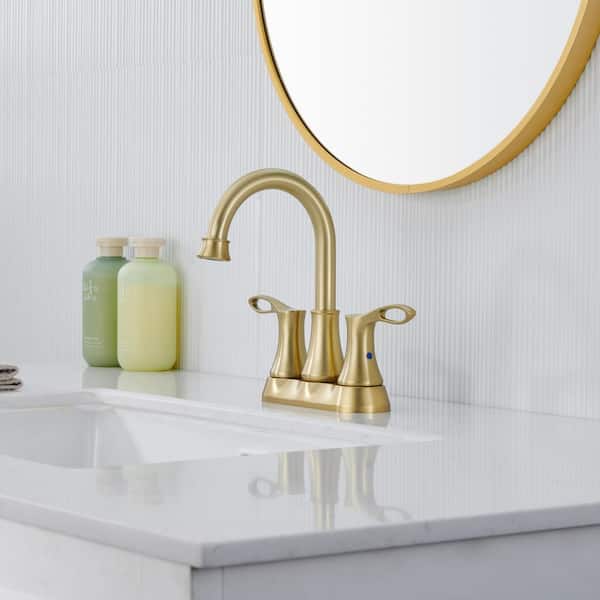 4 in. Centerset Double Handle High Arc Bathroom Sink Faucet with Stainless steel Drain in Brushed Gold