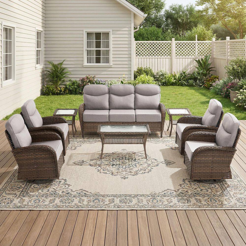 Moonridge 8-Piece Brown Wicker Patio Conversation Set with 6 in. Olefin Beige Cushions/Patio Swivel Chair with Sofa price history on PriceWatchPro