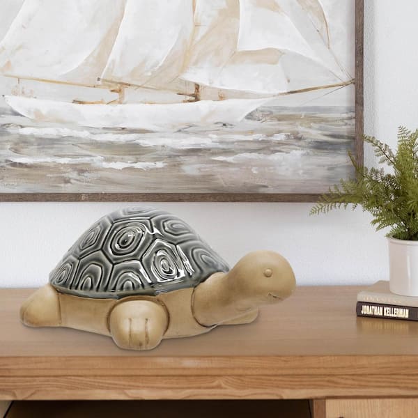 Benjara 13 in. Beige and Gray Ceramic Frame Tortoise Figurine